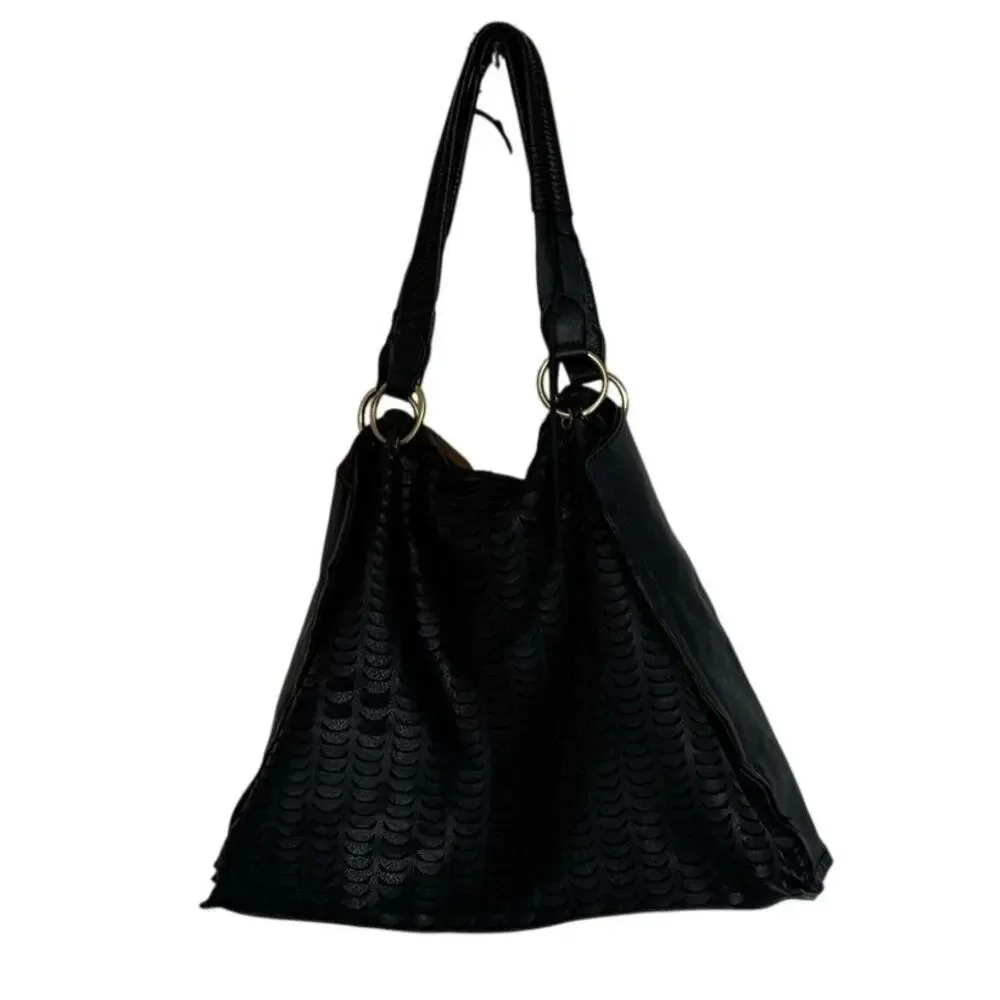 Anthropologie Black Textured Hobo Shoulder Bag Gold Ring Hardware